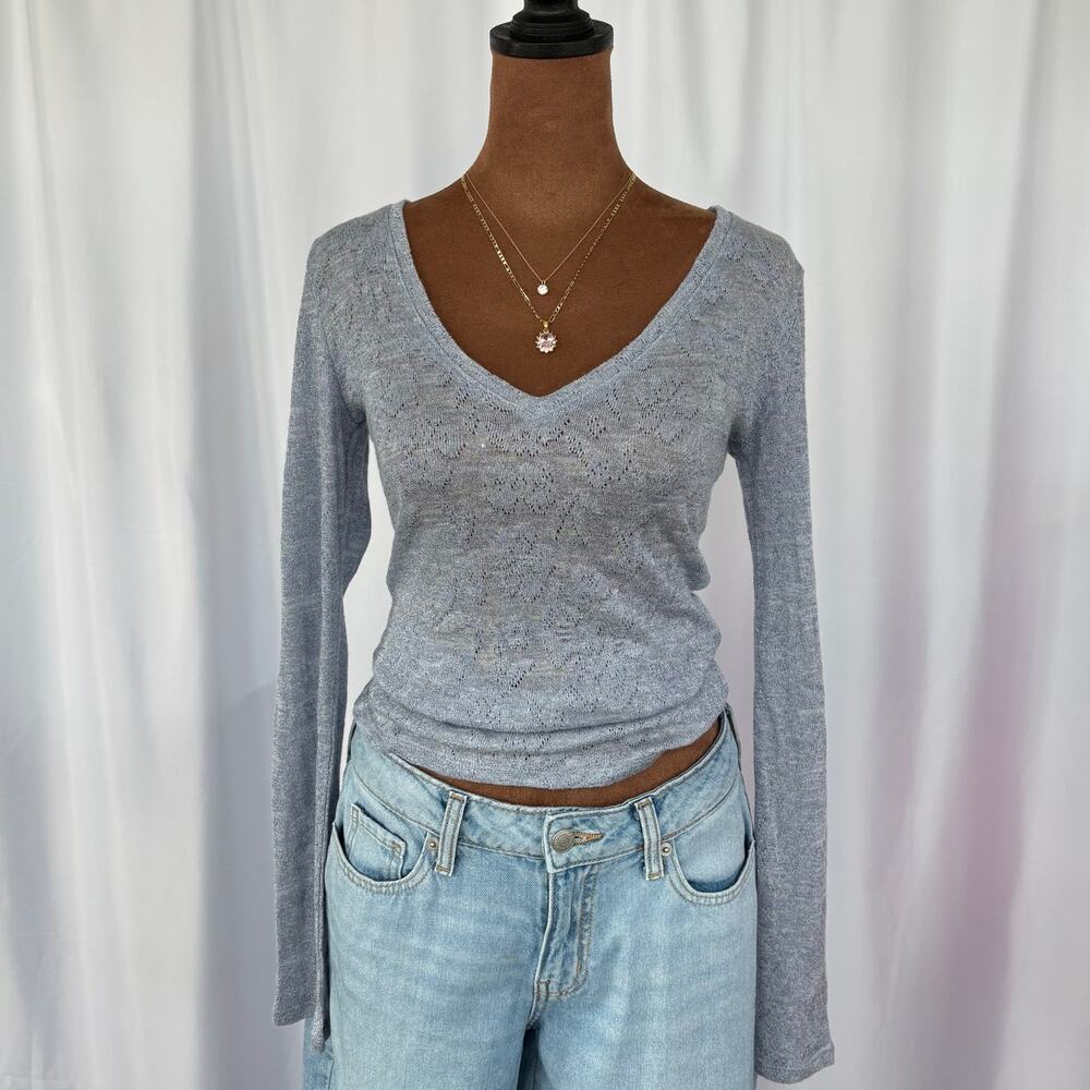 2000s Style Express Gray Shimmer Knit V-Neck Long Sleeve Top Fairy Small